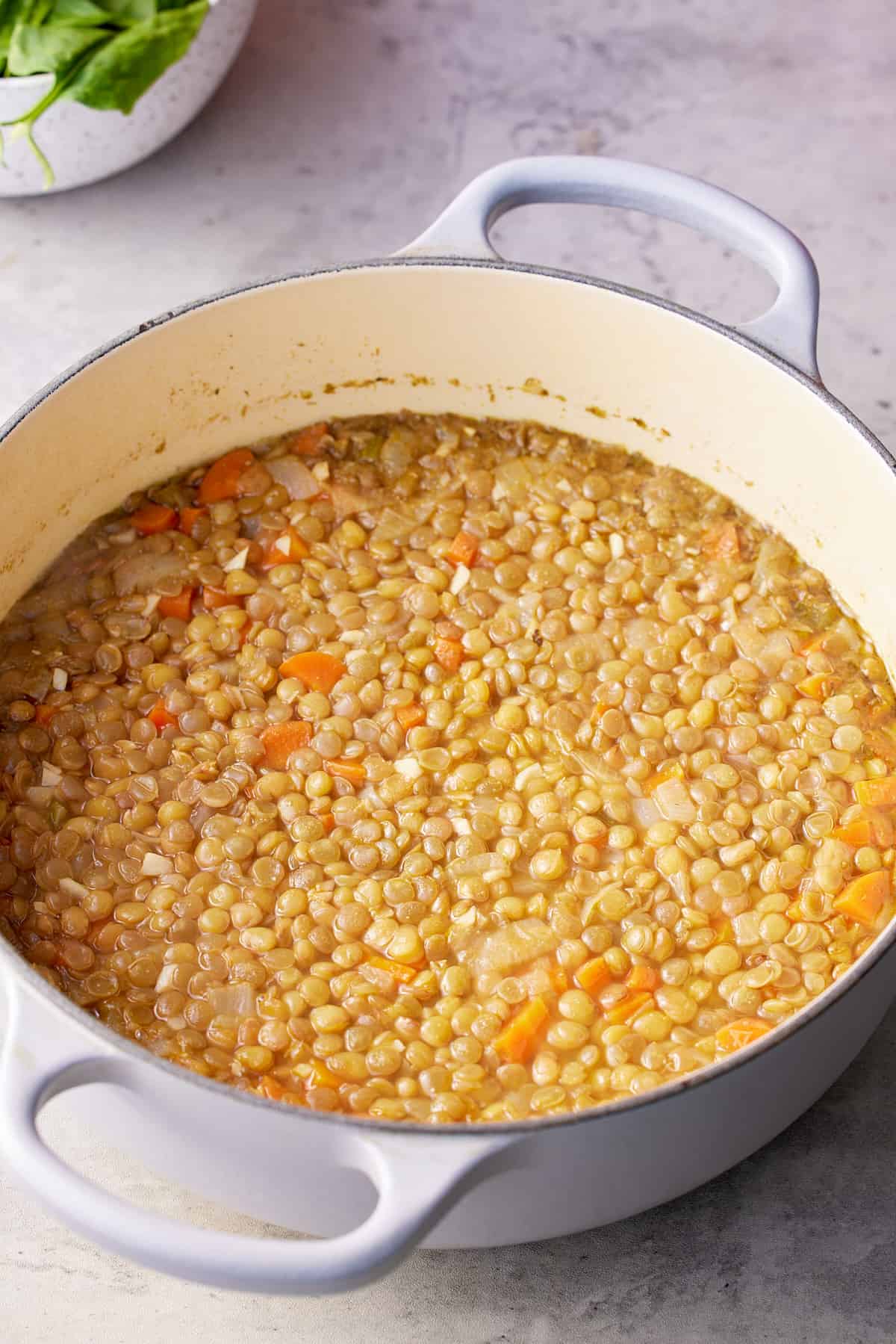 cooked lentils in pot